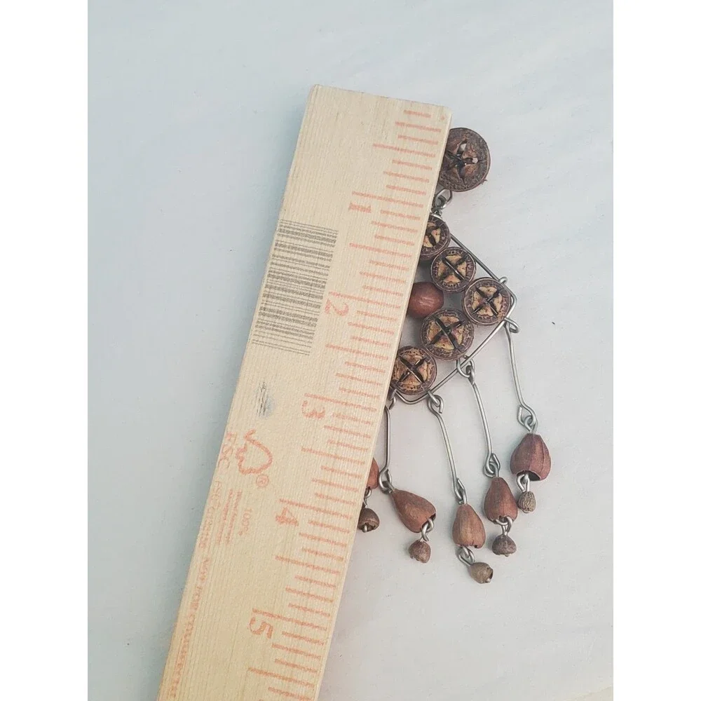 Vintage Black Walnut Shell Slice Brooch Pin Botanical Seed Boho Dangle Folk Art